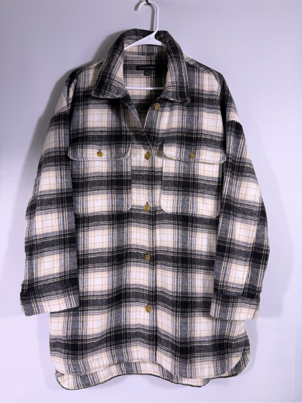 Banana Republic Plaid Oversized Shirt Jacket Shacket Cream Black Large
